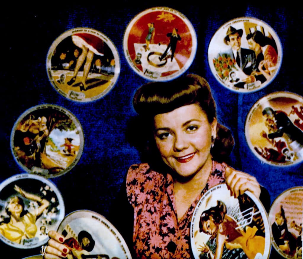 Vocalist Marion Mann, surrounded by Vogue records, in a photo spread for the January 5, 1947 issue of The Detroit Free Press.