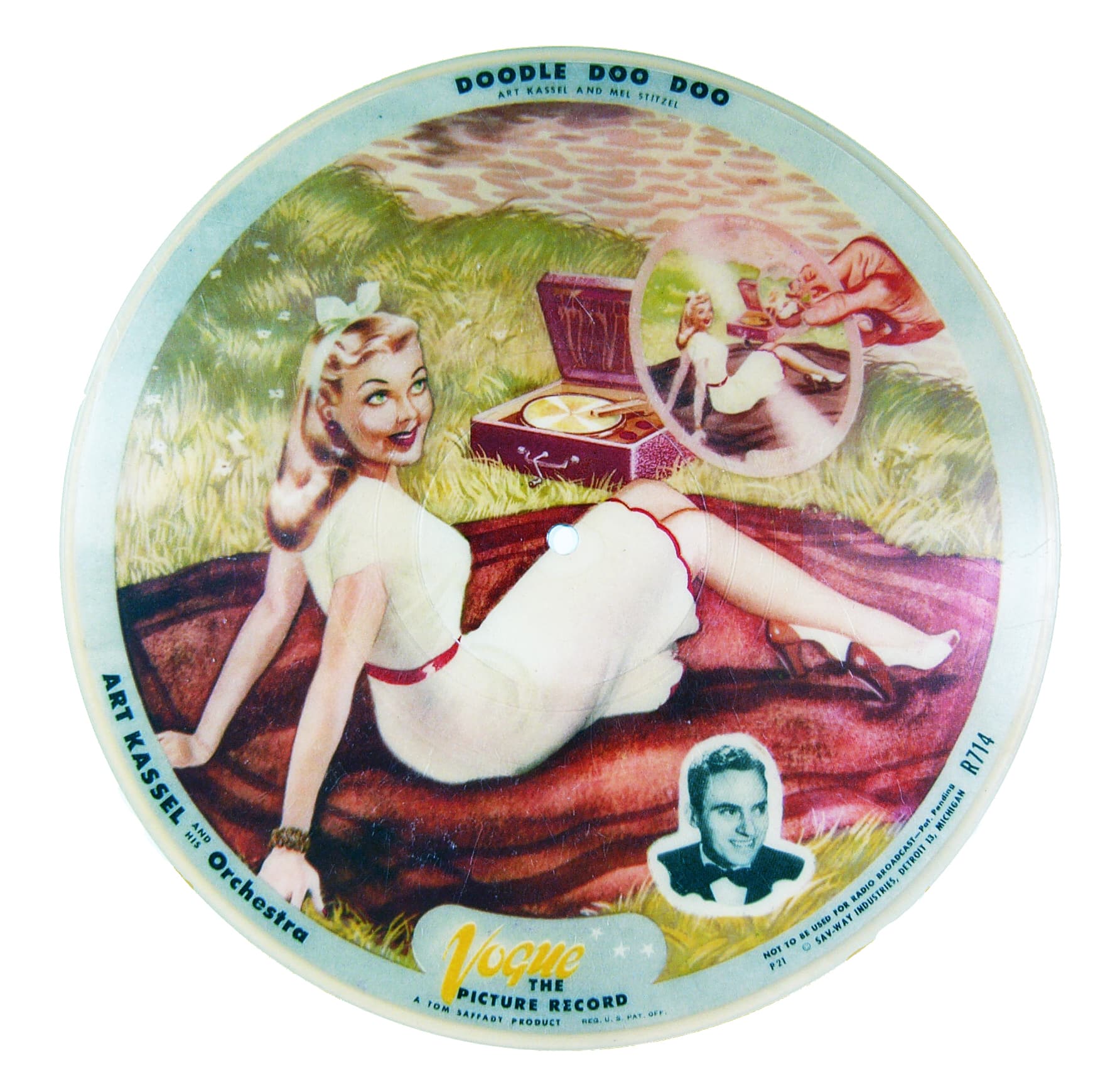 #R714, Doodle Doo Doo shows one of the turntables especially designed so that stores could highlight Vogue records. Rather than being on a standard horizontal plane, the Vogue turntable was tilted. The disc’s picture could then be enjoyed as the record spun. $40-50.
