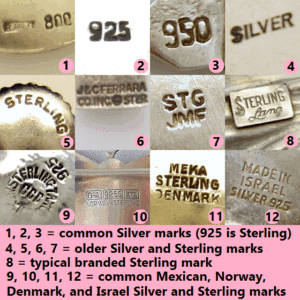 examples of different stamped hallmarksfound on a variety of jewelry.