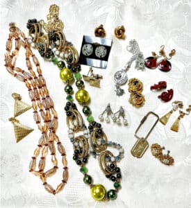 What “pops” out to you from this collection of jewelry? Color? Shape? Age? Could this be your mind thinking creatively and pointing you to something you want to add to your collection? What would you choose?