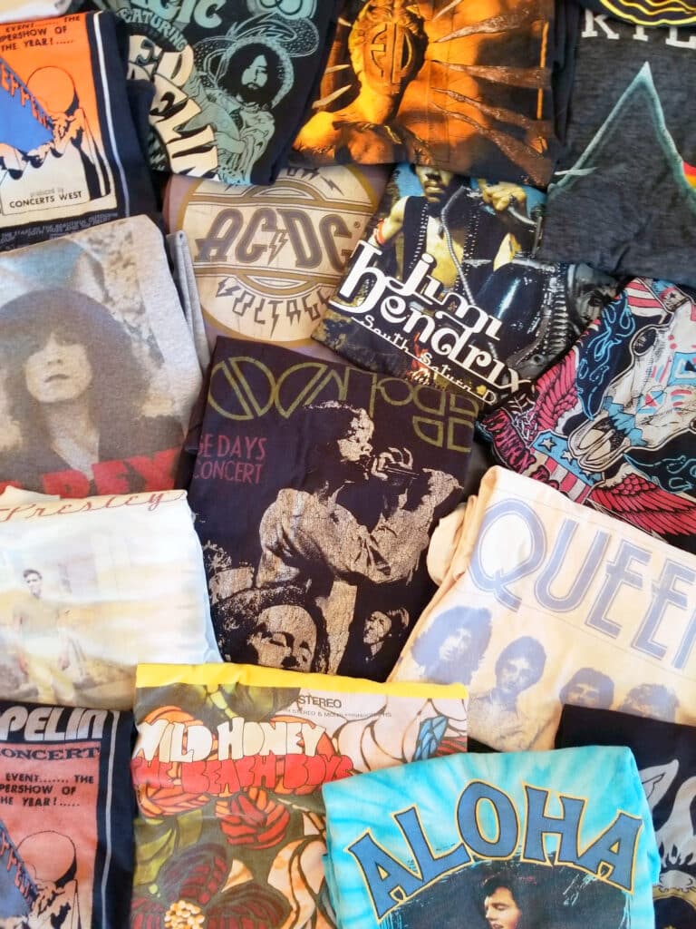 Vintage rock ‘n roll tour T-shirts. Look for signed shirts that can be verified to be signed by a band member(s).