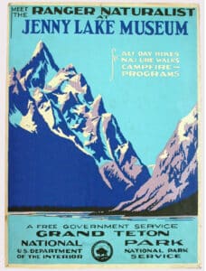 This Grand Teton National Park poster was the first created by WPA artist Chester Don Powell at a time when the artists were not allowed to sign their work. This example was salvaged in the 1970s by Doug Leen while cleaning out a barn at Grand Teton National Park where he worked as a seasonal park ranger. Three originals are known to exist.