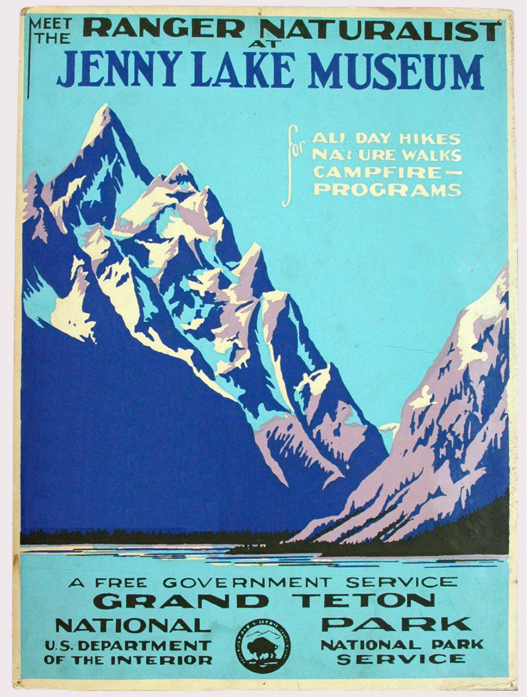 This Grand Teton National Park poster was the first created by WPA artist Chester Don Powell at a time when the artists were not allowed to sign their work. This example was salvaged in the 1970s by Doug Leen while cleaning out a barn at Grand Teton National Park where he worked as a seasonal park ranger. Three originals are known to exist.