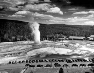Old Faithful erupts before a crowd of onlookers in Yellowstone National Park, 1946. Yellowstone was preserved as the world’s first National Park in 1872.