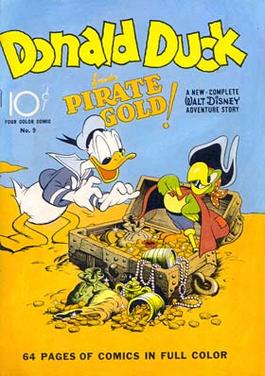 Cover for Four Color #9 (October 1942), featuring Carl Barks' first comic, Donald Duck Finds Pirate Gold