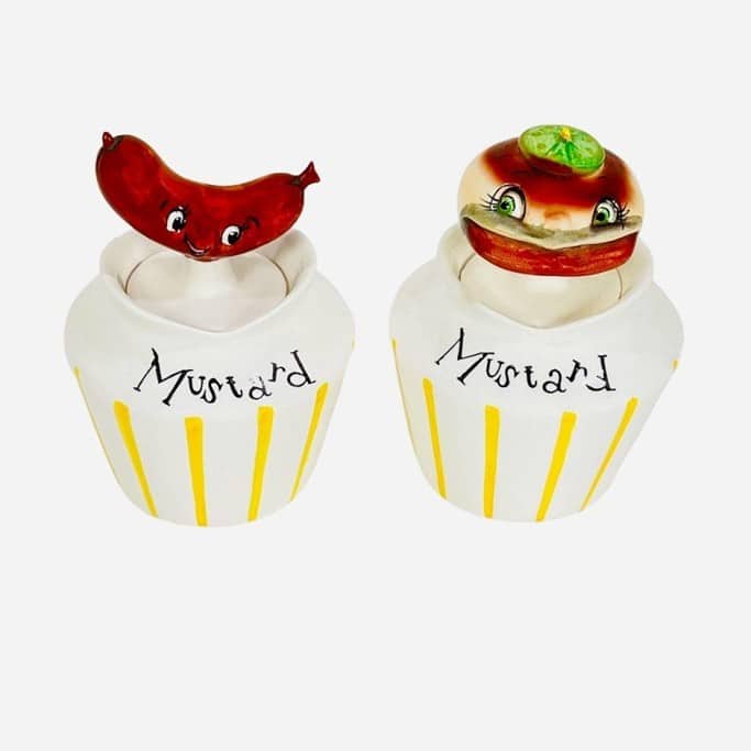 5. Vintage Lefton Hotdog Head and Hamburger Head Pixieware condiment jars