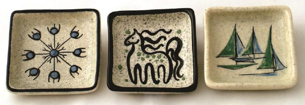 Three undated dishes with abstract figurals. Each, 3-1/4" square, $30; S