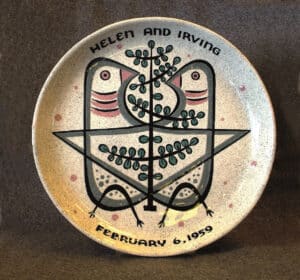 ersonalized wedding plate with stylized doves, 1959. 12-1/4” d., $65-75.