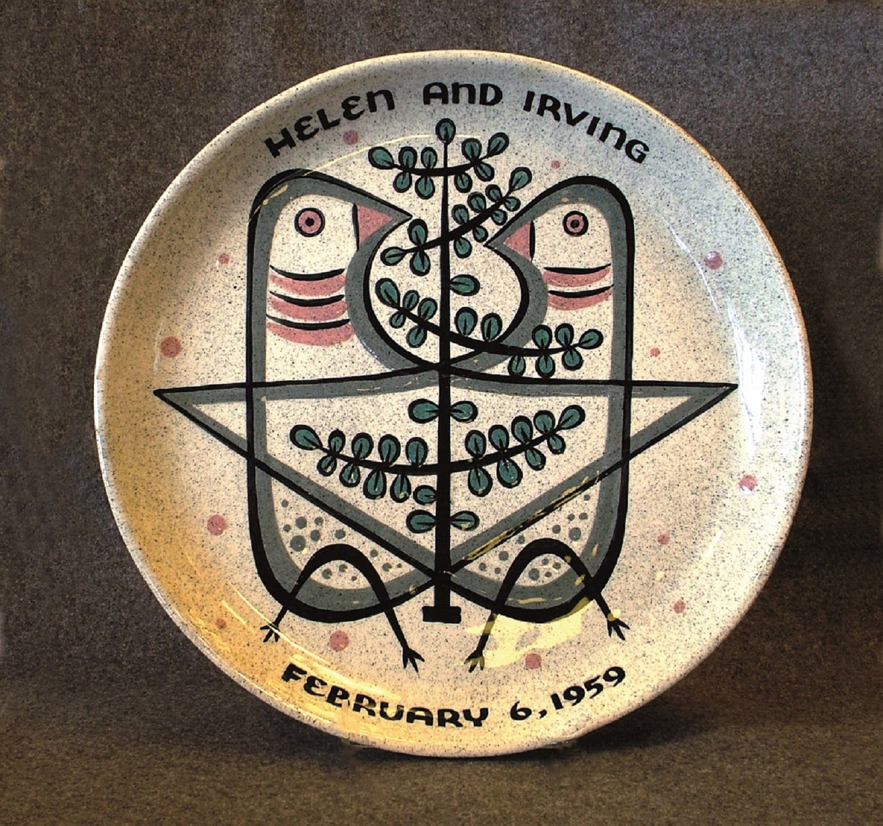 ersonalized wedding plate with stylized doves, 1959. 12-1/4” d., $65-75.