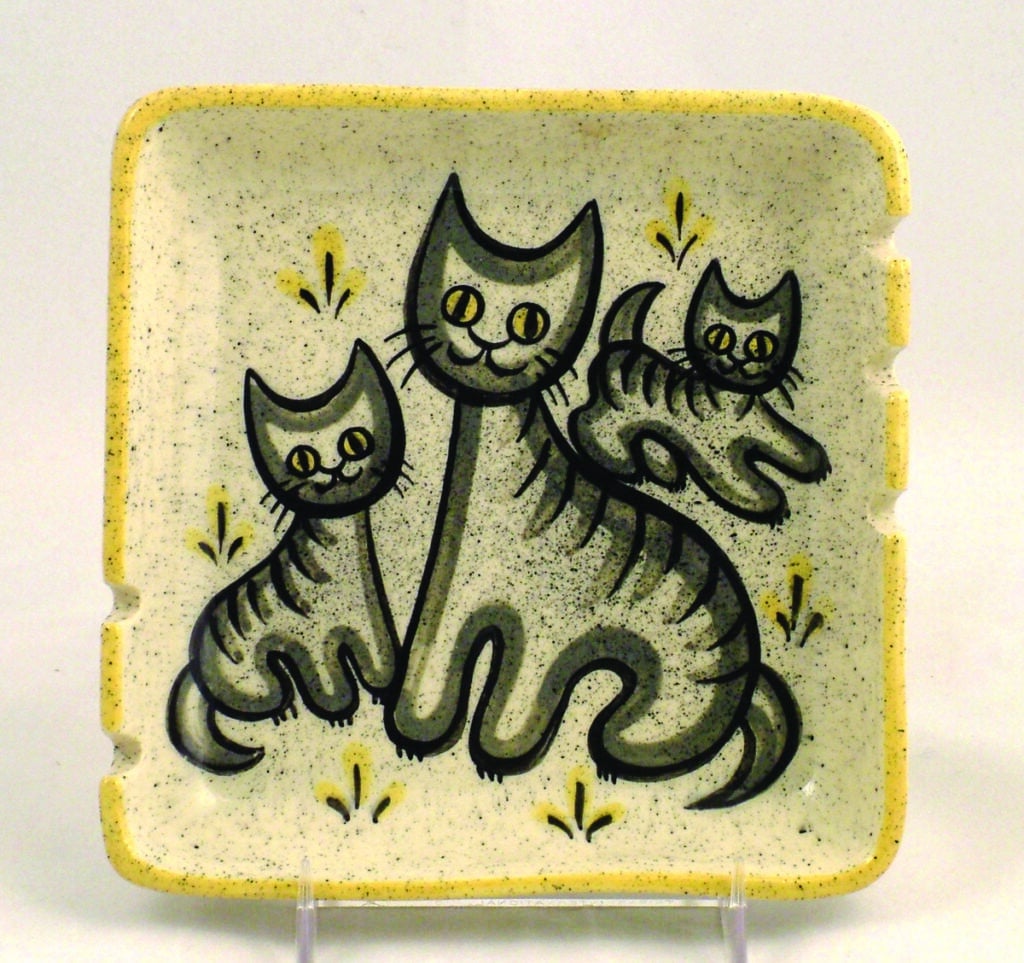 Ashtray with cat and kittens, 1957. 
6” square, $50-60.