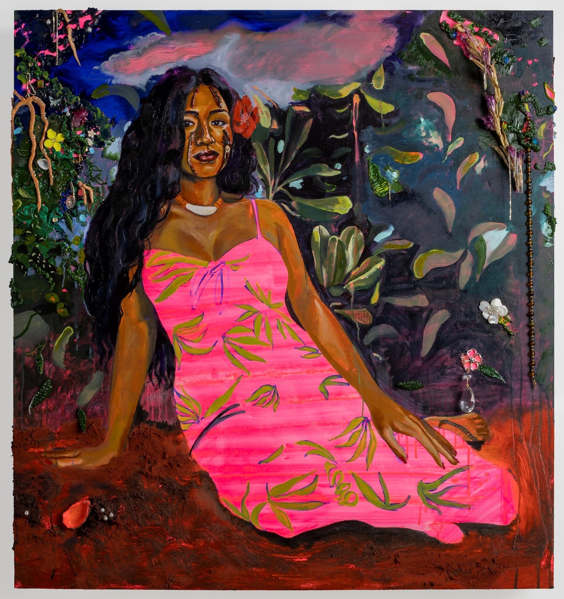Image caption: Gisela McDaniel, Prima, Nieta, Nåna: Pasifika Bailadora, 2021 Oil on panel, found object, sound, 45 x 32 x 6 in. © Gisela McDaniel. Image courtesy the artist and Pilar Corrias, London.