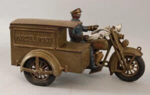 $1,275 (Bids 63, Bidders 21) RARE Lrg Antique Hubley Cast Iron Harley-Davidson Motorcycle Parcel-Post Sidecar.