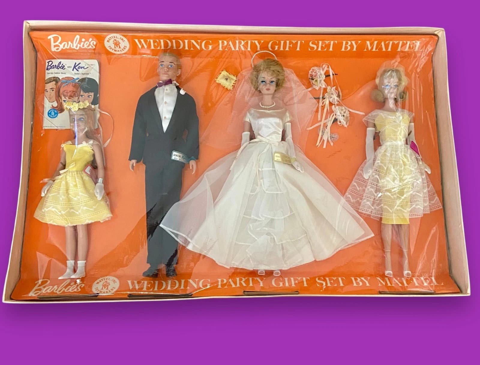 Amazing rare! Vintage Barbie Bubble Cut Midge Ken Wedding Party Gift Set NRFB
