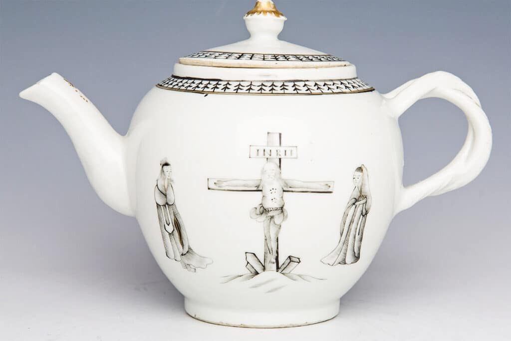 One teapot in my collection depicts the Crucifixion—but in a way no European would recognize. Christ has Asian features.