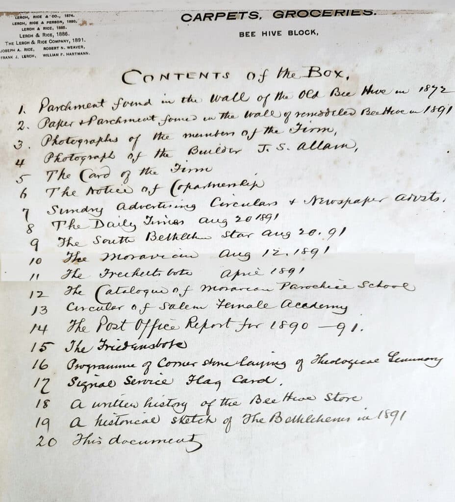 Time capsule contents list.