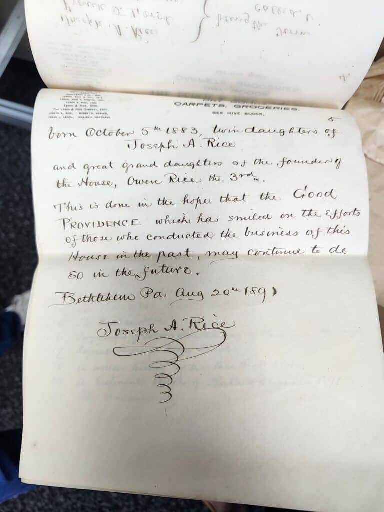Conclusion of a letter from Joseph A. Rice, found in the box, thanking “Good Providence, which has smiled on the efforts of those who conducted the business of this house,” (and hoping for continued smiles in the future!)