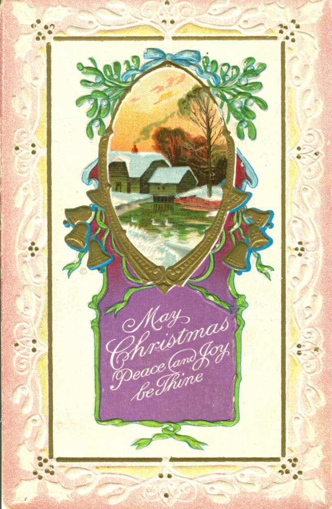 “May Peace And Joy Be Thine”: postcard with inset illustration
 of rustic winter scene, a 1911 postmark—and a 1 cent stamp!