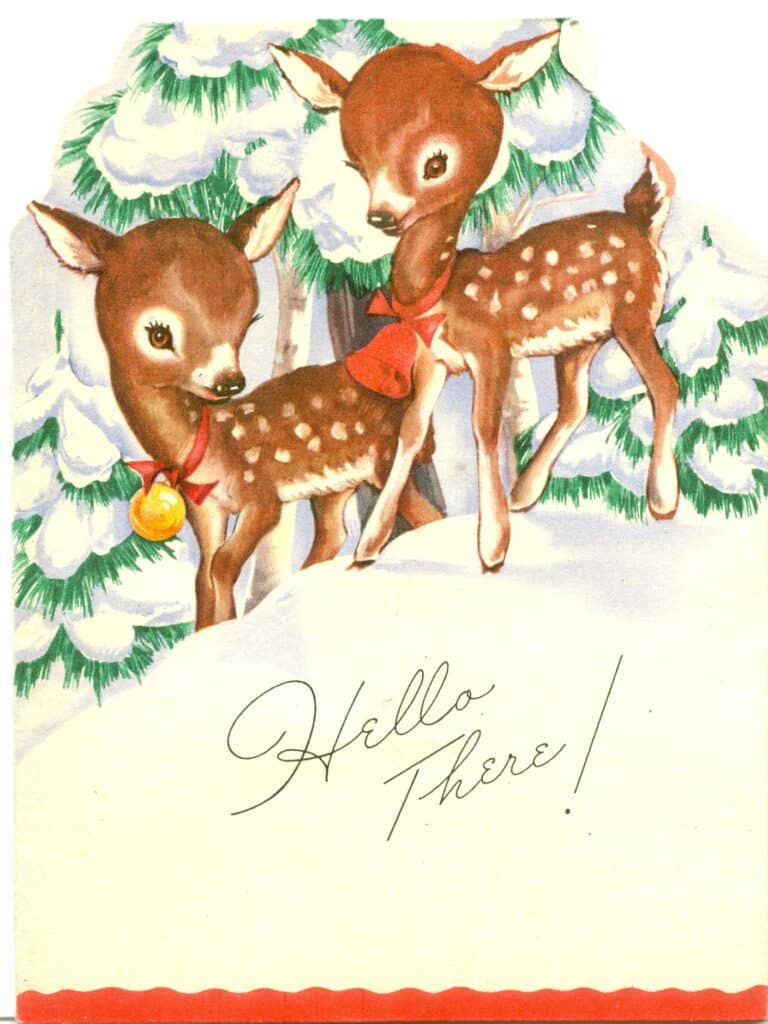 Bambi-like forest-dwellers, spiffed up for the holidays, on a 1952 Golden Bell Greetings card.