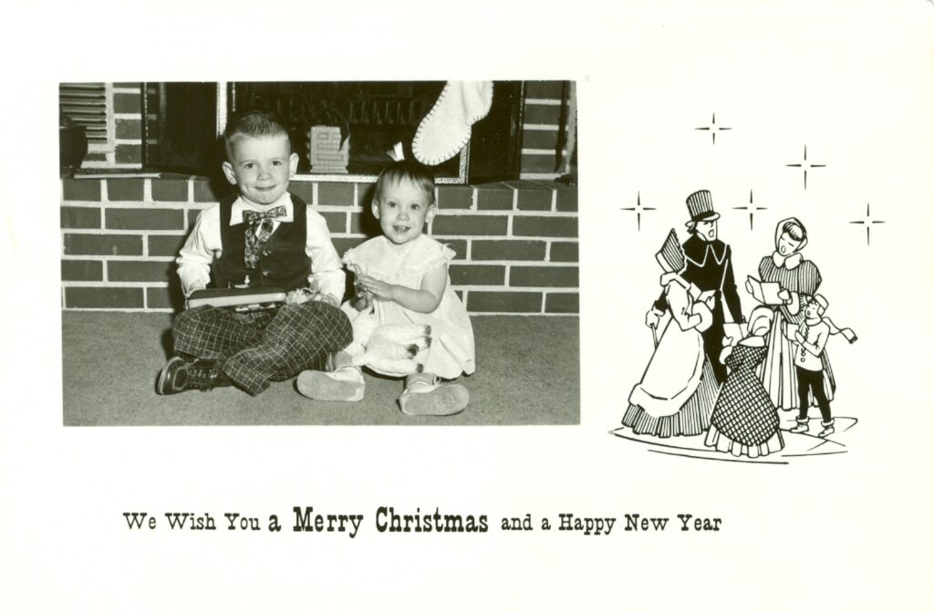 A Christmas photo card from the baby boomer era: the author and his sister.