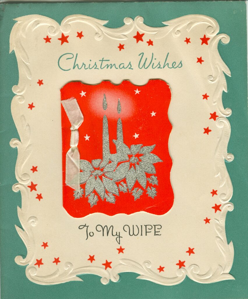 Two cards in one: the tiny one on the cover opens to reveal its own holiday message. Complete with silk ribbon, the card was issued by A & W in 1943.