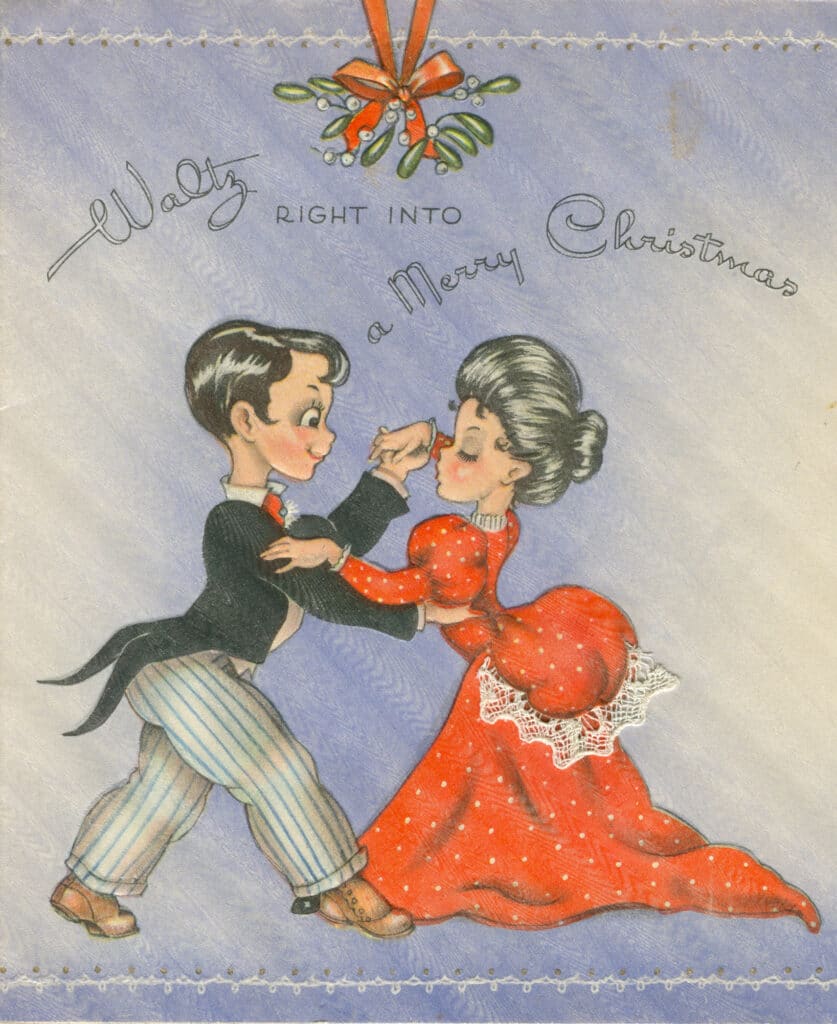 A Gay 1890s couple takes to the floor, on a 1955 Golden Bell Greetings card.