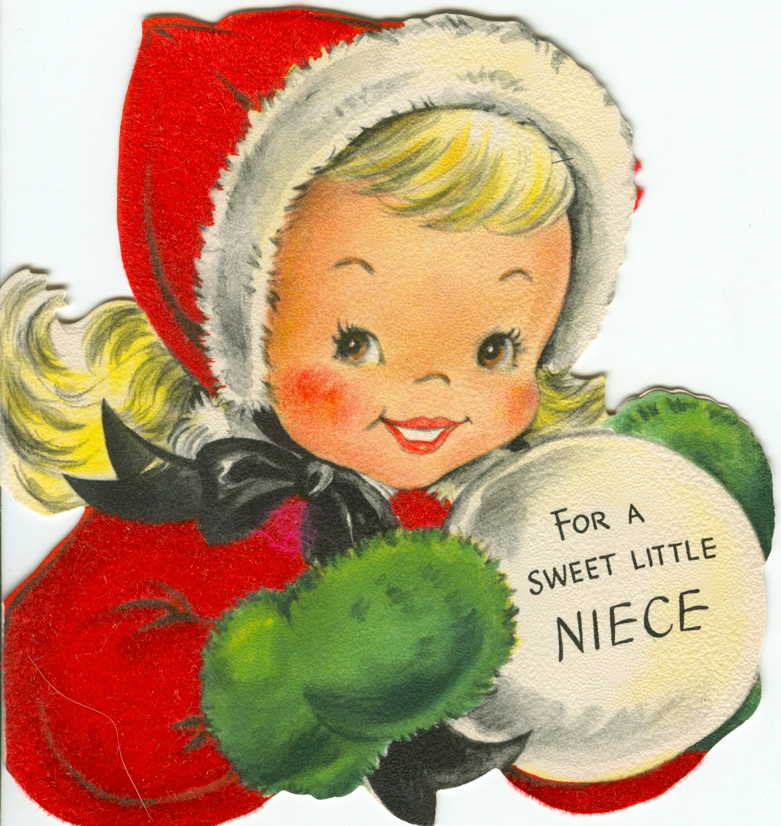 Watch out for that snowball! The “sweet little niece” pictured on this mid-40s Hallmark card is decked out in a red flocked parka.