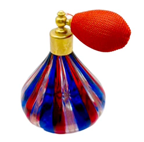 Eye catching gold, red and blue striped Murano glass perfume bottle, 4 inches tall