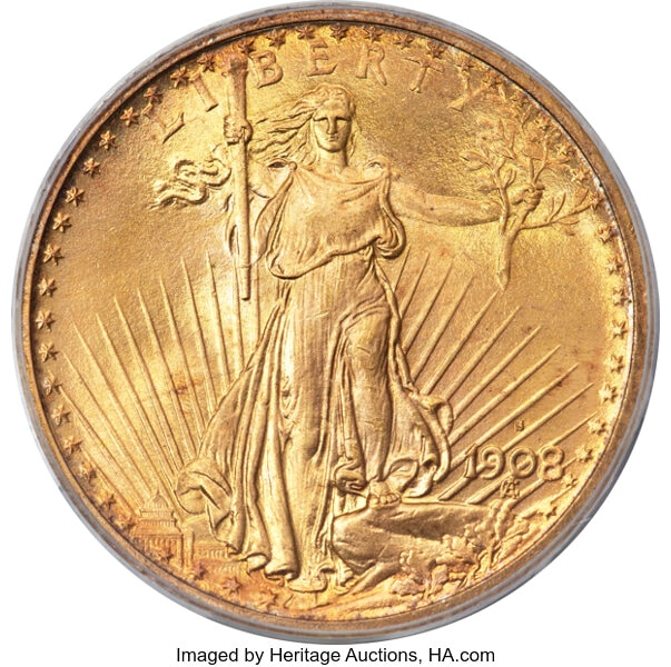 1908-S Double Eagle coin, $336,000, Heritage Auctions A 1908-S Double Eagle U.S. gold coin, graded MS67 PCGS, one of the highest-grade examples from the lowest-mintage Saint-Gaudens with motto issue, sold for $336,000 at a U.S. Coins Signature Auction held Nov. 13-14 by Heritage Auctions in Dallas, TX. Also, an 1879 Flowing Hair Stella, graded PR66 NGC, achieved $216,000; a 1910-S Double Eagle, graded MS67 PCGS, brought an auction record $168,000; and a 1795 BD-1 Eagle, graded MS61 NGC, garnered $132,000.