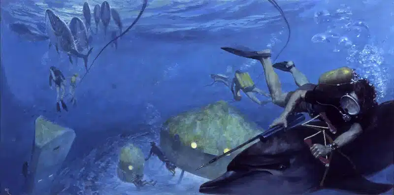 Image Credit: Stanley Meltzoff, Undersea Lab, 1980. Illustration for Field and Stream. Oil on canvas. Norman Rockwell Museum Collection, Gift of Sarah Meltzoff, NRM.2025.18