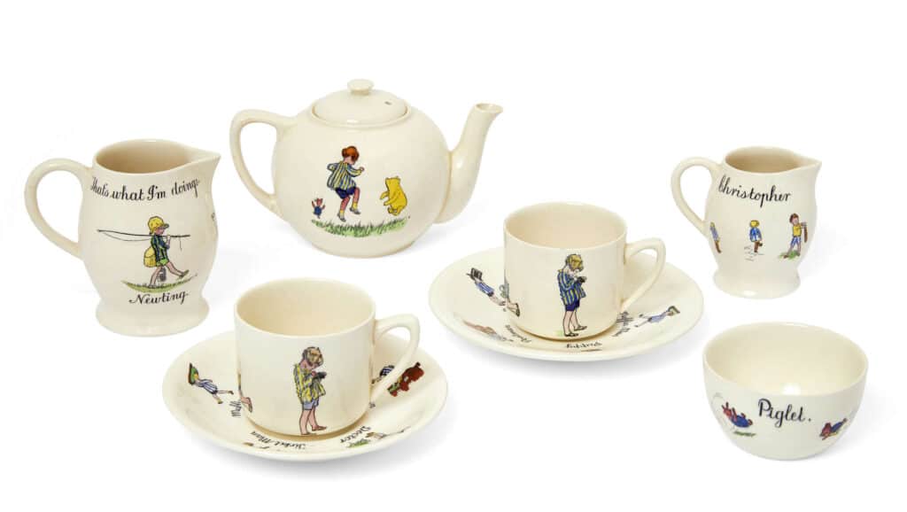 Pooh Tea Set, Ashtead Potters Limited (1923-1935), a Christopher Robin Nursery earthenware party tea set 
c.1928, printed with makers text, design numbers and numbers from the set.
Rosebery’s London