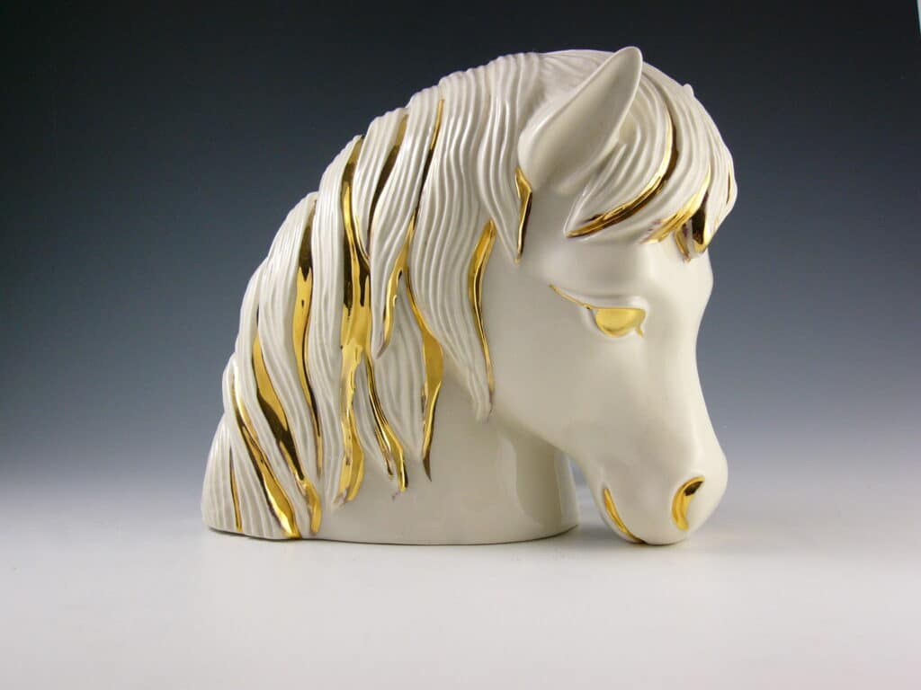 Noble horse head lamp, white with gold accents.