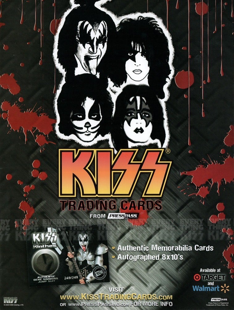 Promotional poster for KISS Trading Cards by Press Pass, showcasing iconic artwork of the band’s four original members. These cards feature authentic memorabilia, autographs, and are available at major retailers—perfect for collectors of music history.