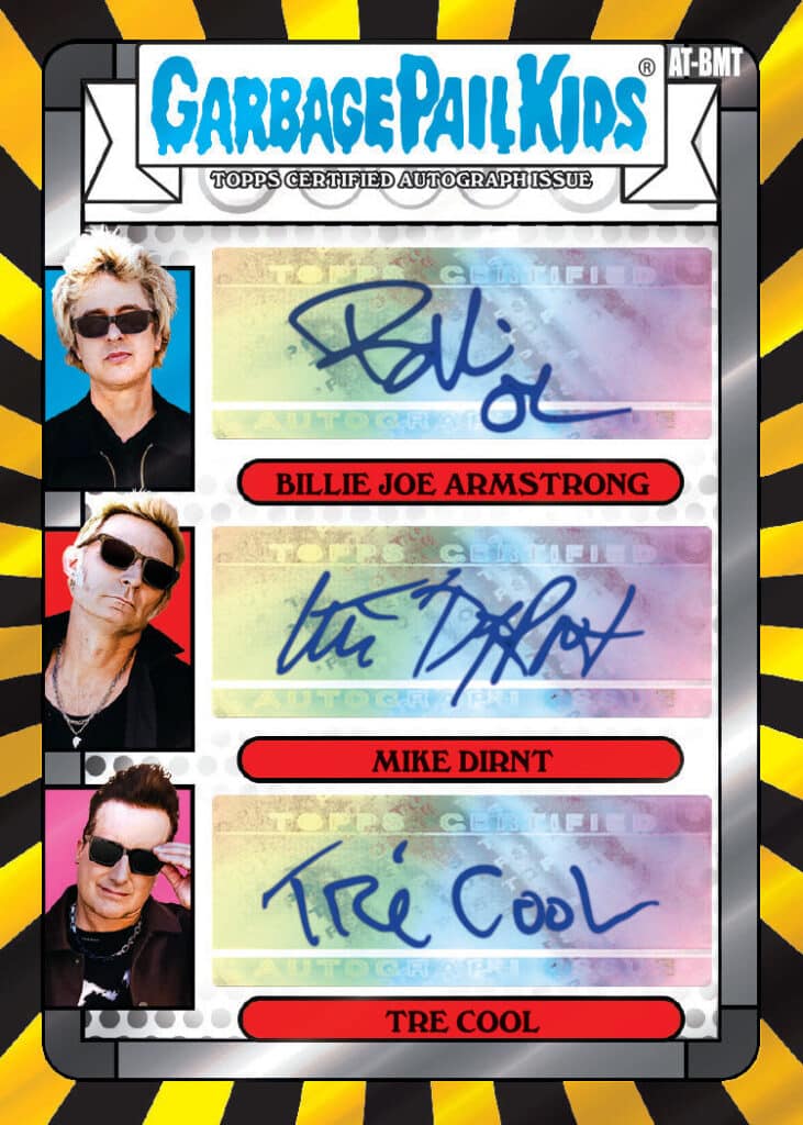 Garbage Pail Kids certified autograph card featuring all three members of Green Day—Billie Joe Armstrong, Mike Dirnt, and Tré Cool. This rare collectible unites punk rock icons with the irreverent world of GPK, making it a standout piece for music and trading card enthusiasts alike.