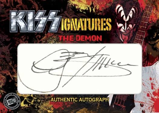 Authentic autograph card from the KISS “Signatures” series featuring Gene Simmons, a.k.a. “The Demon.” A prized piece for KISS Army 
collectors, combining the band’s iconic imagery with a genuine signature.