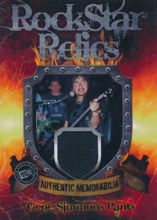 RockStar Relics: A collectible trading card featuring an authentic memorabilia swatch from the legendary Gene Simmons’ stage-worn pants. A must-have for KISS fans and memorabilia collectors alike, blending rock history with unique, tangible artefacts.