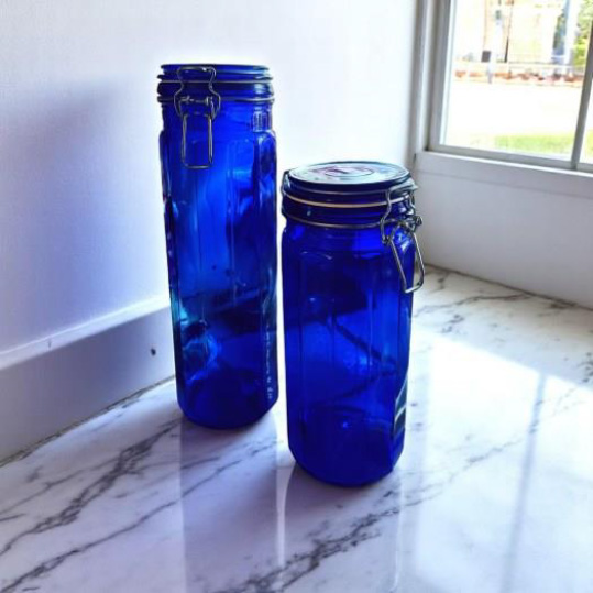 Cobalt blue glass 
kitchen canisters