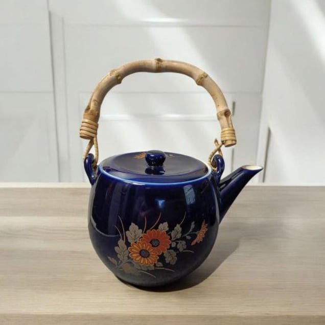 Japanese porcelain 
cobalt blue teapot with flower motif