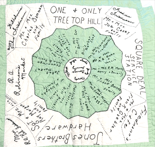 The many signatures on just one of the twenty squares on the quilt. Photo by Author