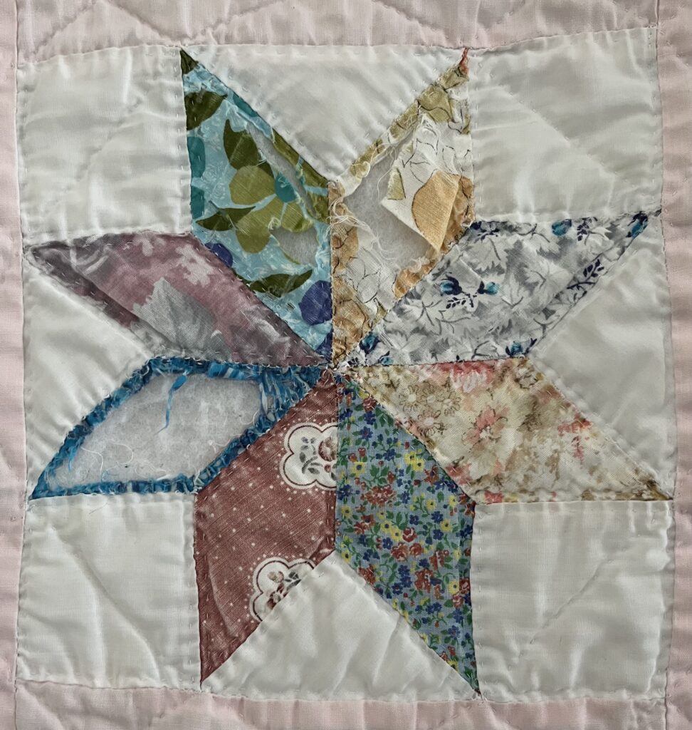 Time and usage have not been kind 
to the old (and weakened) fabric 
used for Jean’s quilt.