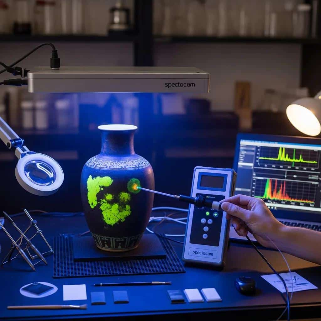 Scientific testing setup for detecting fake antiques with UV light and spectrometer