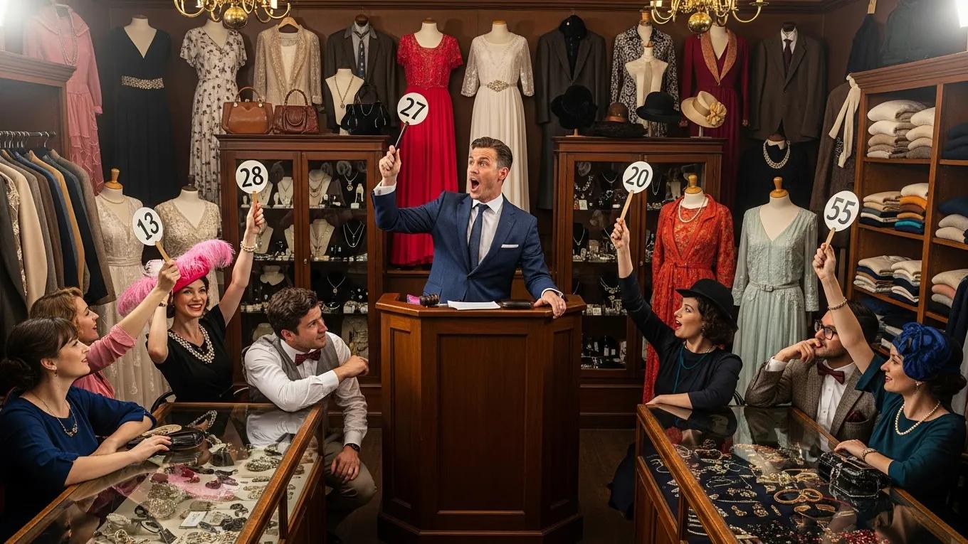 Auction room with bidders and auctioneer during a vintage fashion sale
