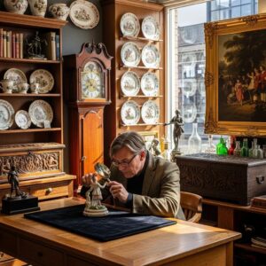 Antique appraiser examining a vintage item in a cozy antique shop