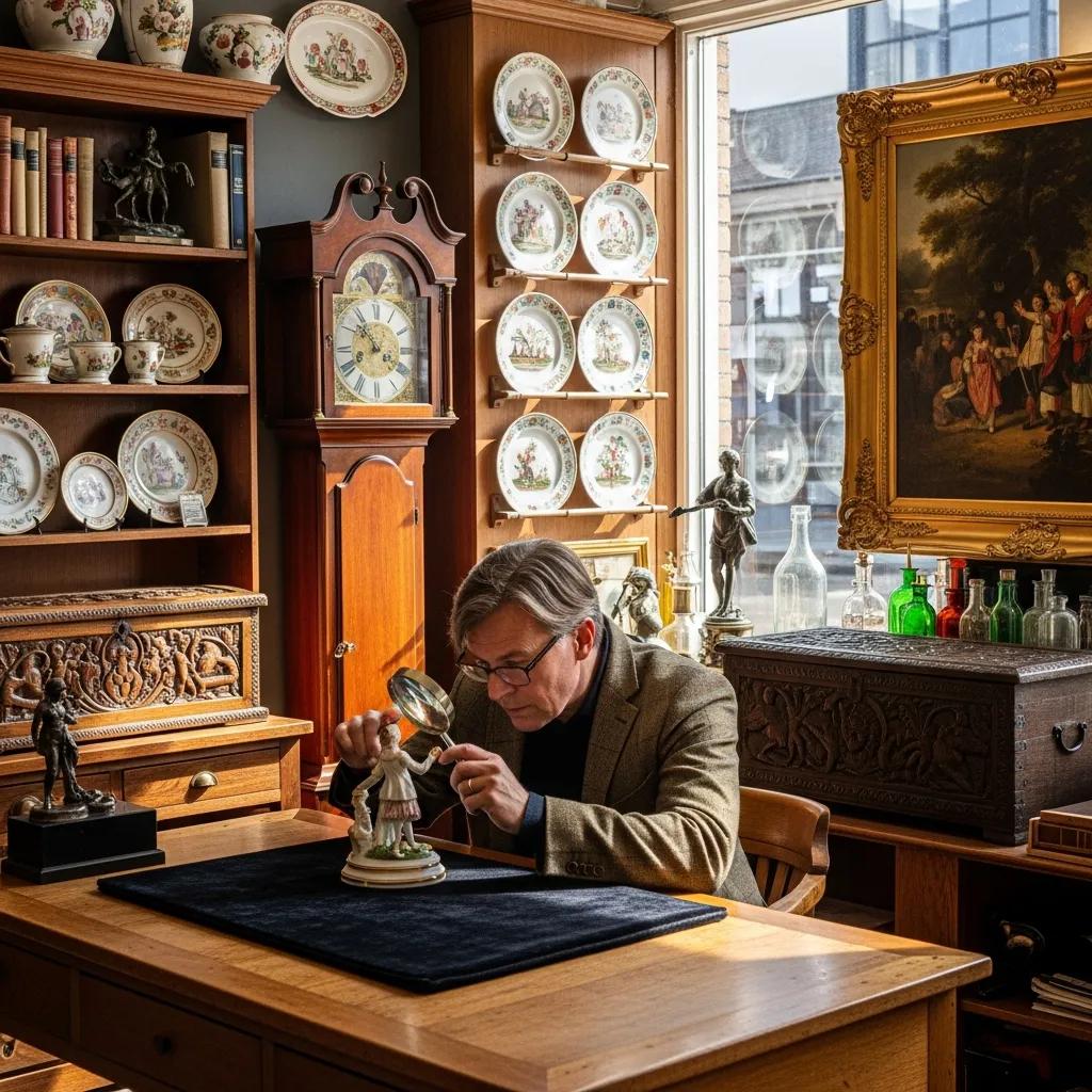 Antique appraiser examining a vintage item in a cozy antique shop