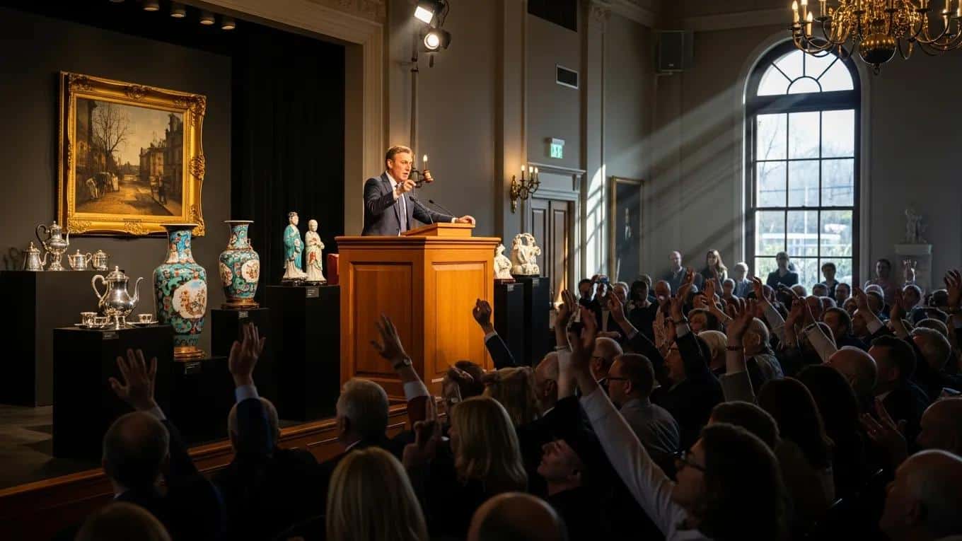 Auction room with bidders raising paddles while antiques are presented on stage