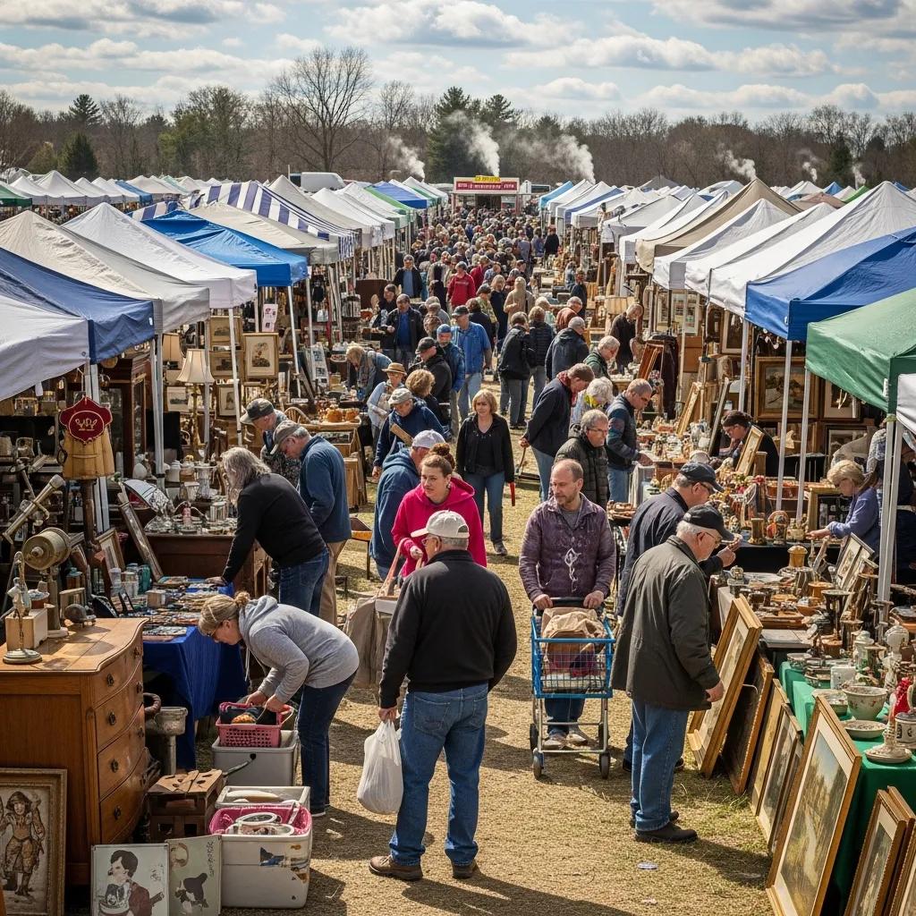 Brimfield Spring Show 2026 with crowds exploring antique booths