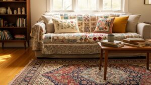 Cozy living room with vintage textiles showcasing a quilt, throw pillows, and a rug