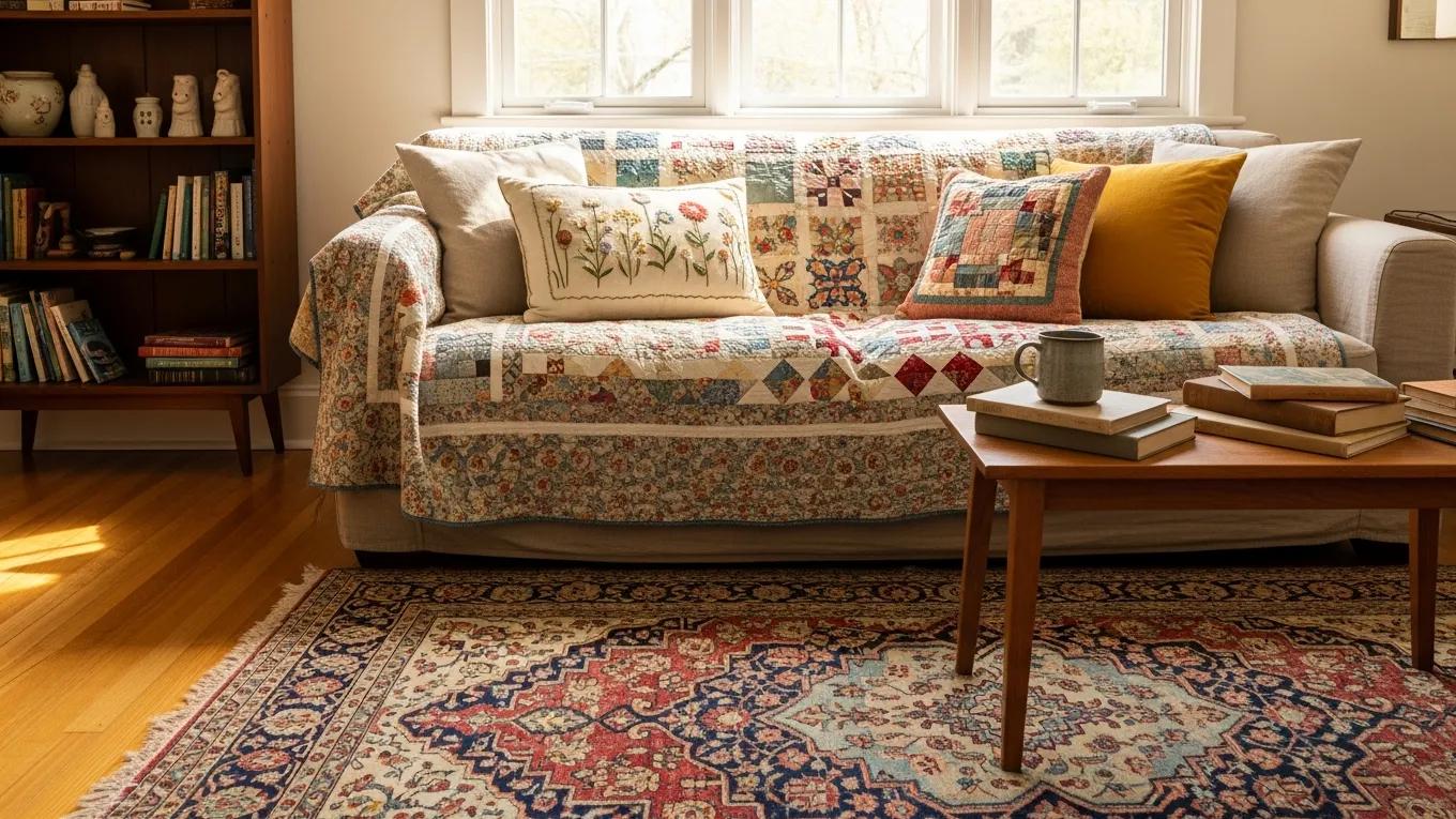 Cozy living room with vintage textiles showcasing a quilt, throw pillows, and a rug