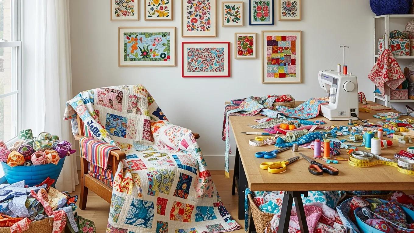 Creative studio table with patchwork quilt pieces and framed vintage fabric samples