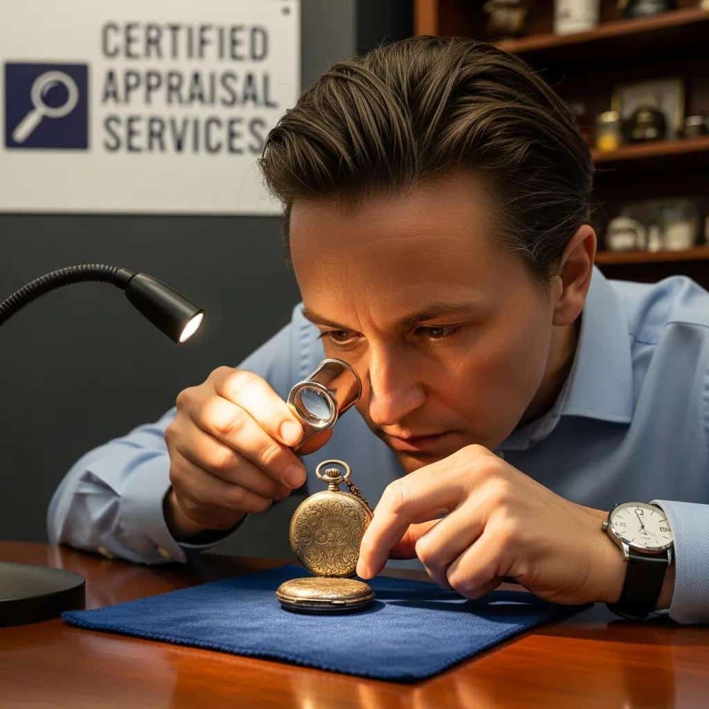 Appraiser inspecting a vintage object with a loupe, underlining the value of verified appraisal services