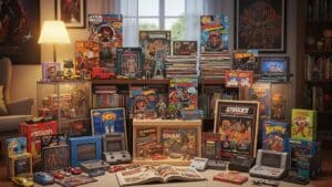 Diverse pop culture collectibles including toys, comic books, and video games reflecting current trends